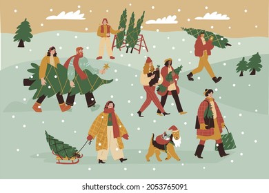 Christmas fair. People buying Christmas tree on the market. Snowy day outdoor. Men and women Preparing to new year. Flat style in vector illustration. Isolated elements.  Holiday shopping. Dog Santa