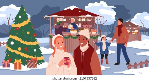 Christmas fair with people and Xmas tree vector illustration. Cartoon happy couple drinking hot drink on festival street market in winter, family with children buying gifts and candy background