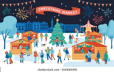 Christmas fair poster template with cartoon characters. Happy people walk between wooden kiosks and buy drinks, food and gifts. Holiday activities in winter town. Vector illustration.