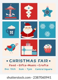 Afiche de la feria de Navidad. Ilustración vectorial para materiales de marketing, antecedentes, tarjeta de saludo, tarjeta de invitación al partido, banner del sitio web, banner de medios sociales. 