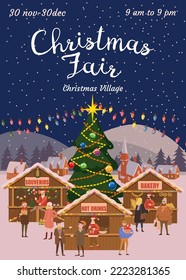 Christmas Fair poster. Xmas fair card with decorated Christmas tree