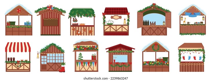 Christmas fair set of flat front view icons of wooden stalls with decorations on blank background vector illustration