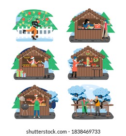 Christmas fair set, flat vector illustration. Winter street market stalls with mulled wine, grilled food, christmas gifts, gingerbread biscuits. People ice skating, visiting New Year fair, having fun.