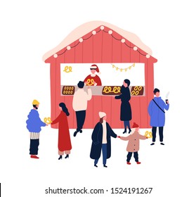 Christmas fair stall flat vector illustration. Winter season holidays festival. Children and adults buying pastry isolated design element. Baked cookies outdoor market kiosk on white background.