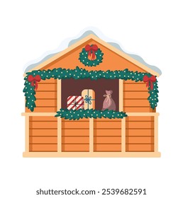 Christmas fair stall with presents adorned with decorations flat color vector object. Festive market illustration on white background