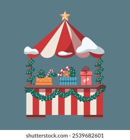 Christmas fair stall with presents flat color vector object. Festive kiosk with decorations offers gifts illustration on green background