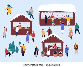 Christmas fair, street market flat vector illustration. Merchants and customers cartoon characters. Vendors selling fir trees, food and presents. Xmas atmosphere, traditional holiday shopping.