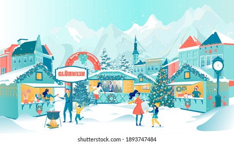 Christmas Fair And Street Market On Winter Holidays. Cartoon People Characters Resting Outdoors, Buying And Drinking Hot Beverages. Parents And Children Having Fun. Vector Flat Illustration