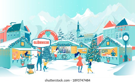 Christmas city coloring page. Christmas Fair on Town Square, street markets  and cute animals. Coloring book for children and adults Stock Vector