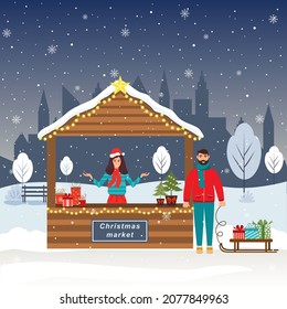 Christmas fair in town. People buy gifts for loved ones at holiday fair. Christmas Market. Outdoor Festival. Winter Wonderland. Vector.