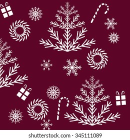 Christmas fair trees and snowflakes pattern. Dark red background.