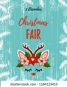 Christmas fair vector illustration with deer. Deer as logo, badge, patch. Template for invitation, birthday, greetings, party, Merry Christmas motive.