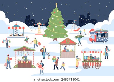 Christmas fair. Winter holiday market with vendors, carousel swing gifts and fir tree with toys. Outdoor new year party in park, people walking recent vector scene