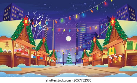 Christmas Fair.Christmas Market with lighting shopping traditional gifts, buying holiday food. Vector illustration in cartoon style. Christmas decorations.