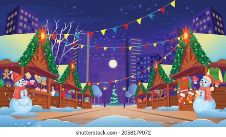 Christmas Fair.Christmas Market with lighting shopping traditional gifts, buying holiday food. Vector illustration in cartoon style. Christmas decorations.