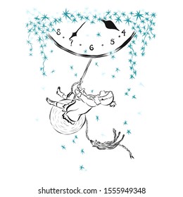 Christmas fairy drawing - child swinging on pendulum from the clock.