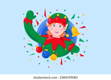 Christmas fairy elf in green elegant clothes joyfully waves his hand. Xmas character in cartoon style. Festive New Year vector illustration isolated on blue background for decoration of holiday design