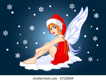 Christmas fairy with SantaÃ¢Â?Â?s hat sitting on the snow.