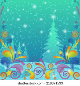 Christmas fairy landscape, background for holiday design, winter forest with fir trees, green sky, abstract colorful patterns and stars. Vector eps10, contains transparencies