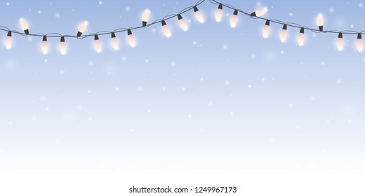 christmas fairy lights on snowy bright winter background vector illustration EPS10
