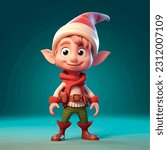 Christmas fairy tale character elf 3d illustration. Magic fairytale elf print for clothes, stationery, books. Toy Elf 3D character banner, background. Christmas and New Year. Santa