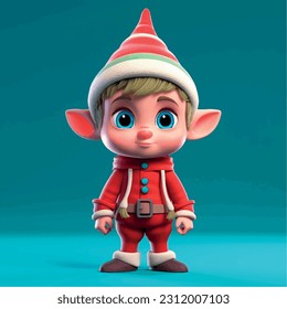 Christmas fairy tale character elf 3d illustration. Magic fairytale elf print for clothes, stationery, books. Toy Elf 3D character banner, background. Christmas and New Year. Santa's helper.