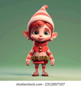 Christmas fairy tale character elf 3d illustration. Magic fairytale elf print for clothes, stationery, books. Toy Elf 3D character banner, background. Christmas and New Year. Santa's helper.