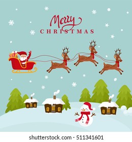 Christmas fairy tale concept - kids illustration with magic forest, happy Santa in a sleigh, Christmas Eve, cute snowman. Amazing Christmas landscape.