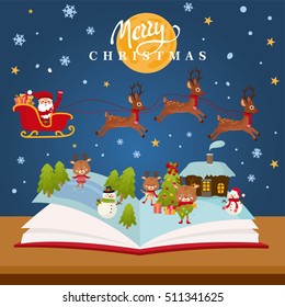 Christmas fairy tale concept - kids illustration with magic forest, happy Santa in a sleigh, Christmas Eve, cute animals and snowman. Imagination coming to life in a children fantasy book.