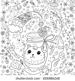 Christmas Fairy Tale, Half moon, Coloring Merry Christmas Cozy. Page or Book, Vector Black and white Kawaii Style and Doodle art