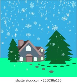Christmas fairy tale little house with snowflakes falling from the blue sky and Christmas trees. Merry Christmas vector abstract drawing