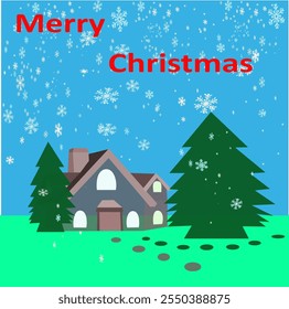 Christmas fairy tale little house with snowflakes and Christmas trees with Merry Christmas in red text in the sky