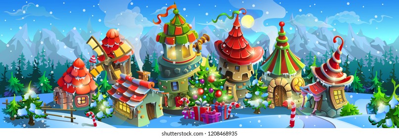 Christmas fairy tale village in the winter. Colorful houses with a christmas tree and gift boxes. Big vector panorama.