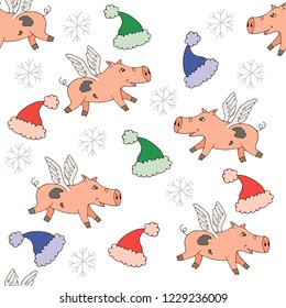 Christmas fairy-tale pigs. Seamless pattern in the form of cute pigs with wings on a background of snowflakes. Colorful Christmas hats. Can be used for wrapping paper, textiles, etc. Vector in color.