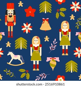 Christmas Fairytale seamless pattern and digital paper. Nutcracker, doll, gingerbread, Christmas tree, flowers, baubles. Winter festive holidays. Xmas. Background, wallpaper.