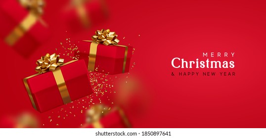 Christmas fall gift box with golden fluffy bows. Motion blur effect. Happy New Year and Merry Christmas. Background with realistic 3d red Xmas surprise gifts falling. vector illustration