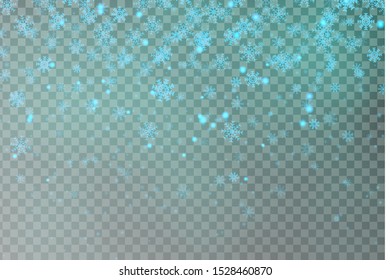 Christmas falling blue snow vector isolated on dark background. Snowflake transparent decoration effect. Xmas snow flake pattern. Magic white snowfall texture. Winter snowstorm backdrop illustration.