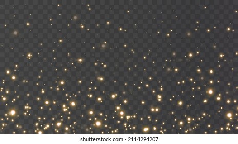 Christmas falling golden lights. Magic abstract gold dust and glare. Festive Christmas background. Light dust png.	