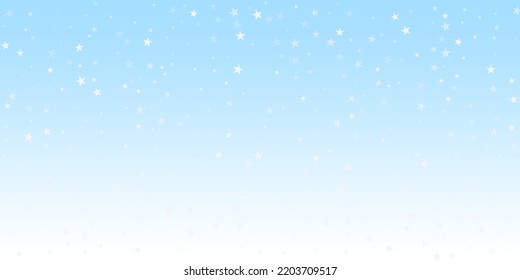 Christmas falling snow background. Subtle flying snow flakes and stars. Festive winter silver snowflake overlay template. Vector illustration