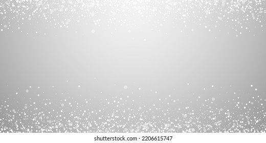 Christmas falling snow background. Subtle flying snow flakes and stars. Festive winter silver snowflake overlay template. Vector illustration