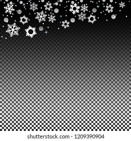 Christmas falling snow flakes. Transparent effect. Xmas falling snow decoration. Magic white sparkling texture. Winter holiday backdrop illustration.