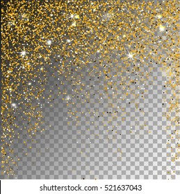 Christmas Falling snow gold glitter particles on a transparent sparcle background. Abstract snowflake background. Vector illustration