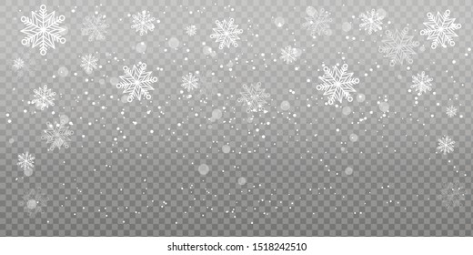 Christmas falling snow. Heavy snowfall, snowflakes in different shapes and forms. Falling snowflakes on transparent background. Snowfall. Vector illustration.