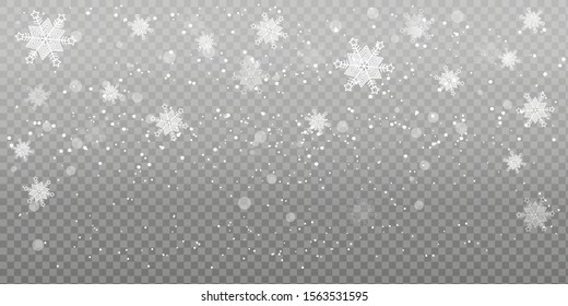 Christmas falling snow. Heavy snowfall, snowflakes in different shapes and forms. Falling snowflakes on transparent background. Snowfall. Vector illustration.