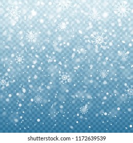 Christmas falling snow isolated on blue background. Snowflakes decoration effect. Magic snowfall texture. Winter design. Vector illustration