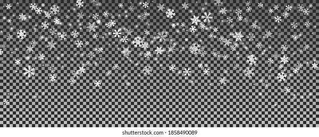 Christmas falling snow isolated transparent background. Winter snow storm backdrop. Vector illustration.