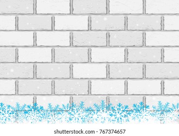 Christmas falling snow and light white brick wall background. Festive winter holiday construction build backdrop