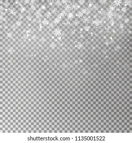 Christmas falling snow vector isolated on dark background. Snowflake transparent decoration effect. Xmas snow flake pattern. Magic white snowfall texture. Winter snowstorm backdrop illustration.