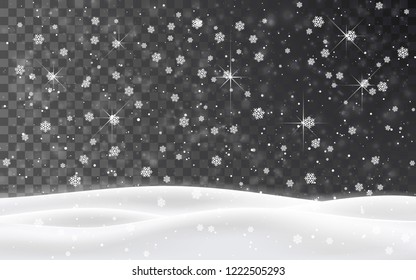 Christmas falling snow vector isolated on dark background. Snowflake transparent decoration effect. Xmas snow flake pattern. Magic white snowfall texture. Winter snowstorm backdrop illustration.