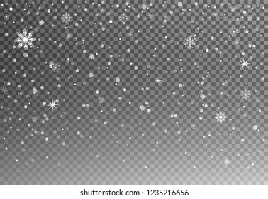 Christmas falling snow vector isolated on dark background with snowflakes. Magic white snowfall texture. Winter snowstorm backdrop illustration.